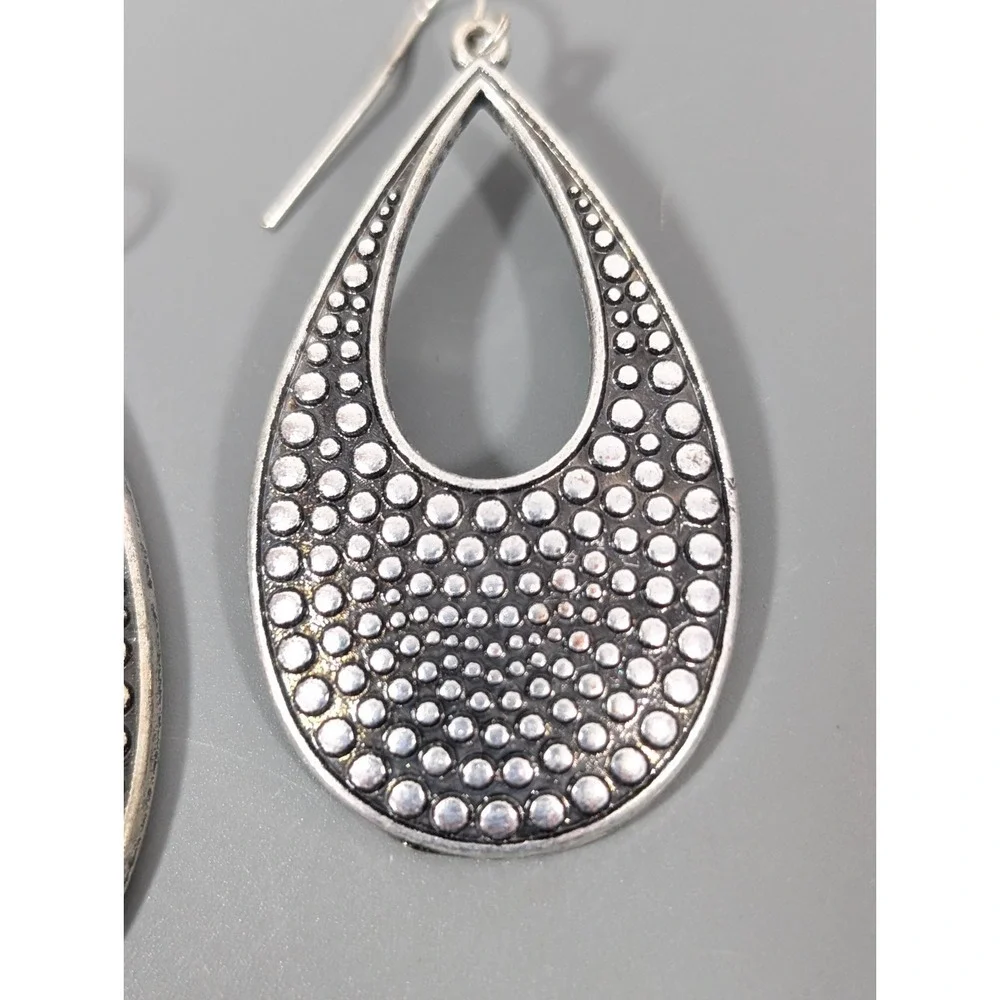 Boho Western‎ Chic Pebble Texture Teardrop Long Dangle Earrings Silver Tone